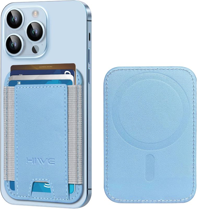 Photo 1 of HiWe for MagSafe Wallet, Strongest Magnetic Wallet for iPhone 16/15/14/13/12 Series, 7 Cards Holder, Magnetic Phone Wallets, Leather Minimalist Slim RFID for iPhone Wallets, 1 Slot, Sky Blue