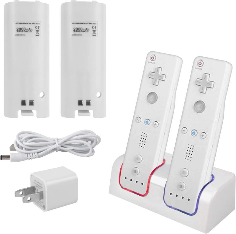Photo 1 of Wii Remote Battery Charger(Free USB Wall Charger+Lengthened Cord) Dual Charging Station Dock with Two Rechargeable Capacity Increased Batteries for Wii U Game Remote Controller (White)