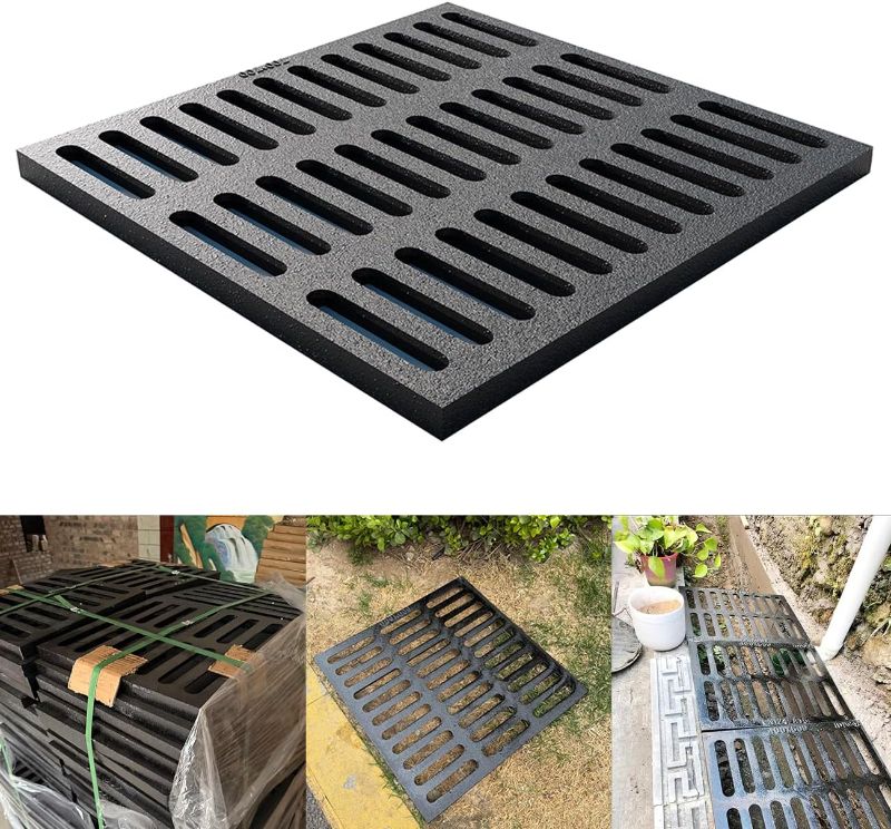 Photo 1 of Cast Iron Drain Grate, 12 * 12in Outdoor Drain Cover, B125 Class Ductile Iron Channel Drainage Grates, Heavy Duty Sewer Grate,Black Square Drain Grate for Yard,Driveway,Concrete Floor.