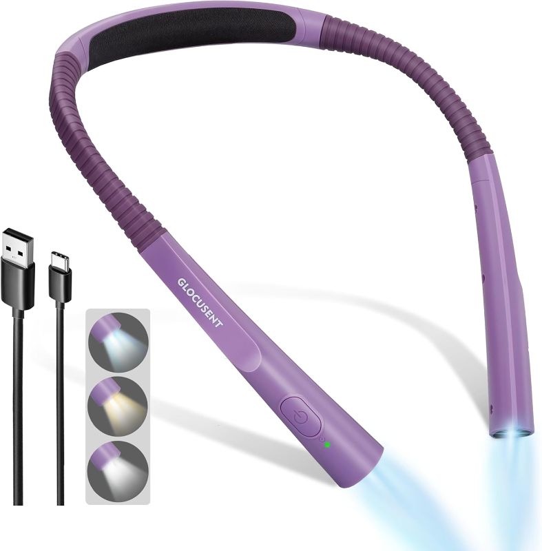 Photo 1 of Glocusent Upgraded LED Neck Reading Light, Book Light for Reading in Bed, 30-min Timer, 3 Colors & 3 Brightness Adjustable, Rechargeable & Long Lasting, Perfect for Reading, Knitting
