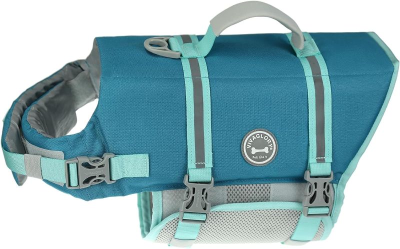 Photo 1 of VIVAGLORY Rip Stop Dog Life Vest, Swimming Vest with Handle, Buoyancy for Doggy Puppy, Dog Life Jacket for Swimming & Boating, XS, Turquoise