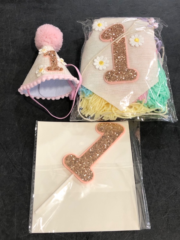Photo 1 of Baby First Birthday Party Decorations Macaron High Chair Banner Daisy1st Crown Cake Topper 1st Birthday Decoration For Girl