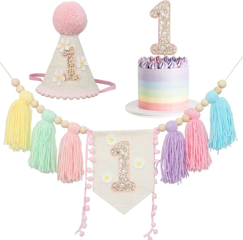 Photo 1 of Baby First Birthday Party Decorations Macaron High Chair Banner Daisy1st Crown Cake Topper 1st Birthday Decoration For Girl