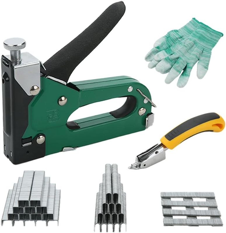 Photo 1 of Heavy Duty 3-in-1 Staple Gun - Power Adjustment No-Jam Design with 2100 Staples (D-Type, U-Type, T-Type) Remover & Gloves, for Upholstery, Woodworking, Carpentry DIY Projects