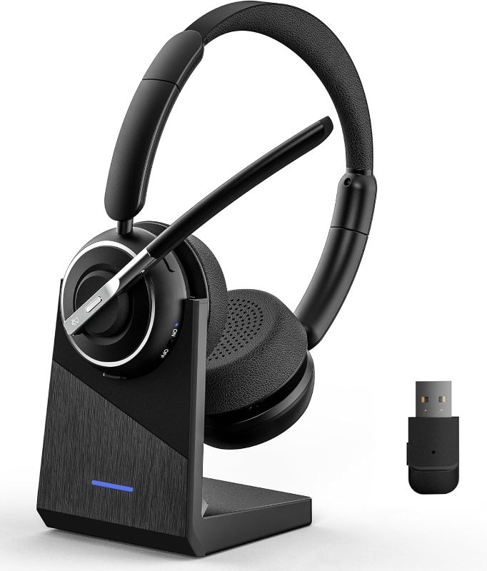 Photo 1 of Wireless Headset, Bluetooth Headset with AI Noise Cancelling Mic, Bluetooth V5.2 Headphones with USB Dongle, Charging Base & Mic Mute for PC/Cell Phones/Call Center (Binaural, Black)