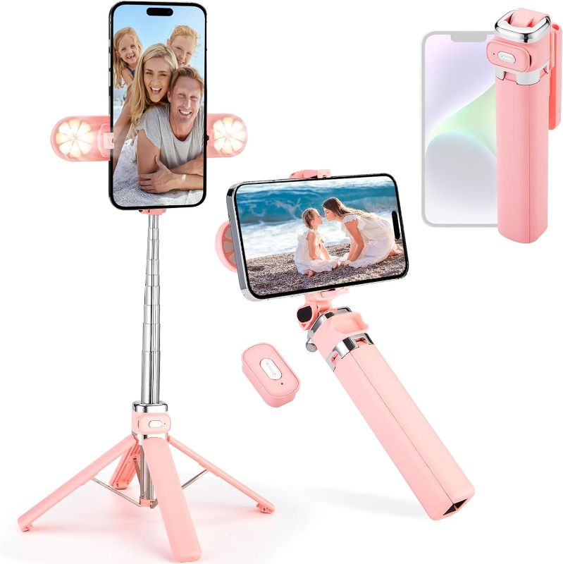 Photo 1 of Mini Phone Tripod Stand,MQOUNY 38" Phone Tripod &Selfie Stick with Wireless Rechargeable Remote & Removable Light, Extendable Tripod Stand 360 Rotation Compatible with Phone&Android (MEI-Pink)