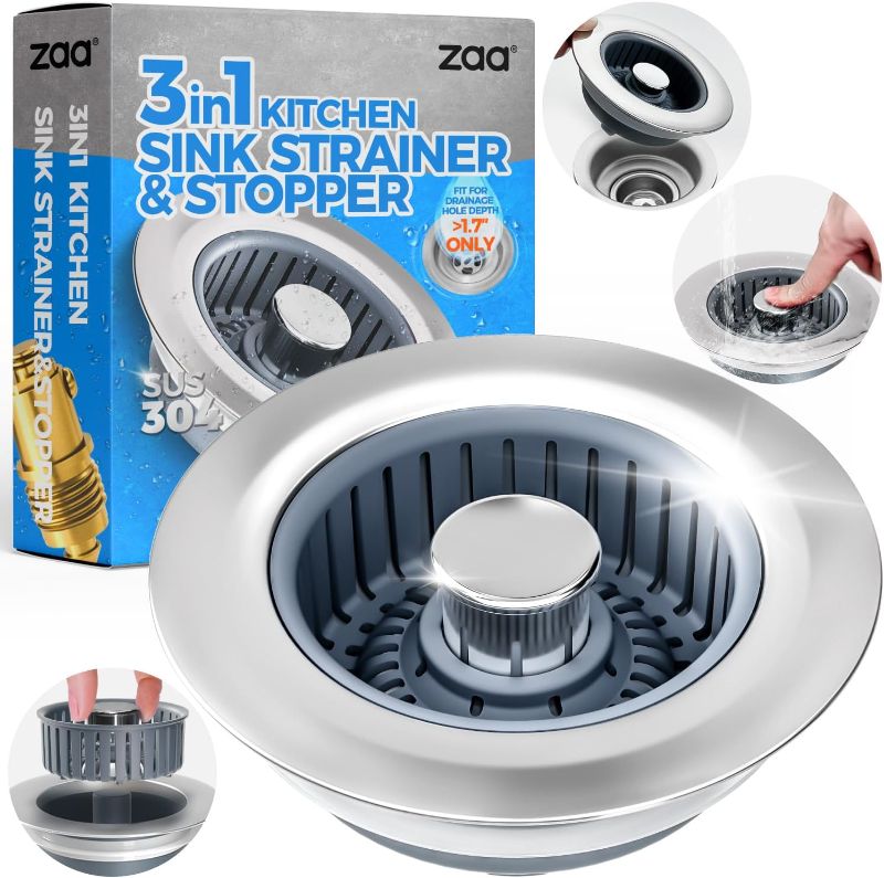 Photo 1 of Upgraded 3in1 Kitchen Sink Drain Strainer & Sink Stopper, Stainless Steel Kitchen Drain Plug & Sink Installation Parts with Anti-Clogging Basket, Fit US Standard 3-1/2'' Sink Drain Hole, Silver
