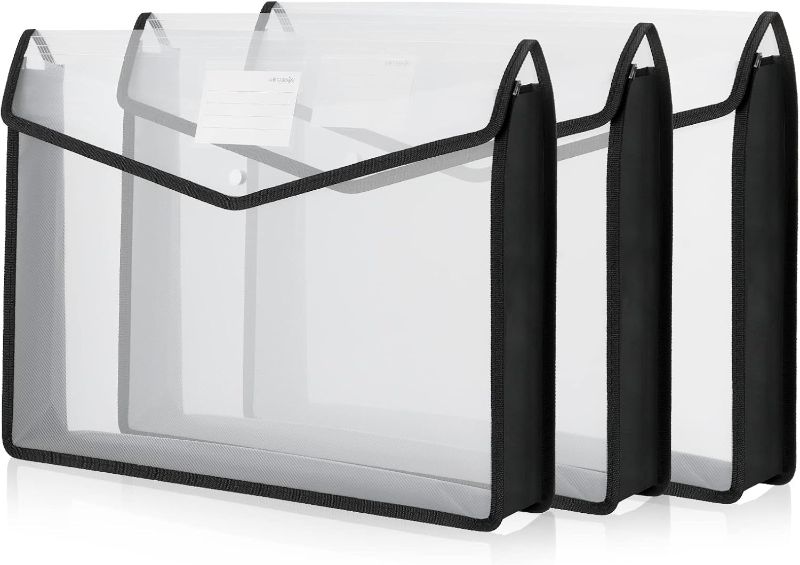 Photo 1 of 3 Pieces 11 x 17 inch Expandable Tabloid Size Documents Folder with Snap Closure Black Horizontal Large Clear Organizer Storage with Label Plastic Envelopes Expanding File Folder for Plots Charts