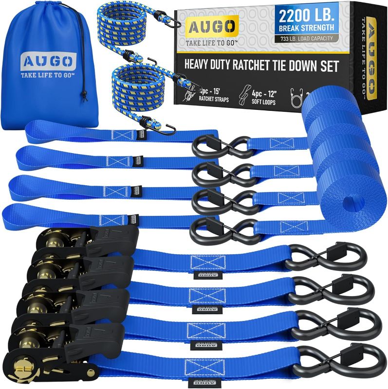 Photo 1 of AUGO Ratchet Straps Heavy Duty 4 Pack -15 FT - 2200 LB Break Strength – with Safety Lock S Hooks - Cargo Straps for Moving, Appliances, Motorcycle – Soft Loop Tie Down Straps