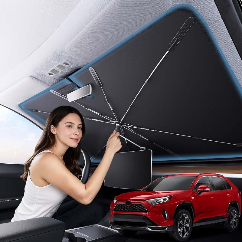 Photo 1 of Zanch 2025 Upgraded Car Windshield Sun Shade [Cool Down by 75? ] with Heat Insulation Coating, Foldable Sunshade Umbrella Flexible Handle & Ribs, Medium (57''x32'') for Most Car, SUV, Truck, Van