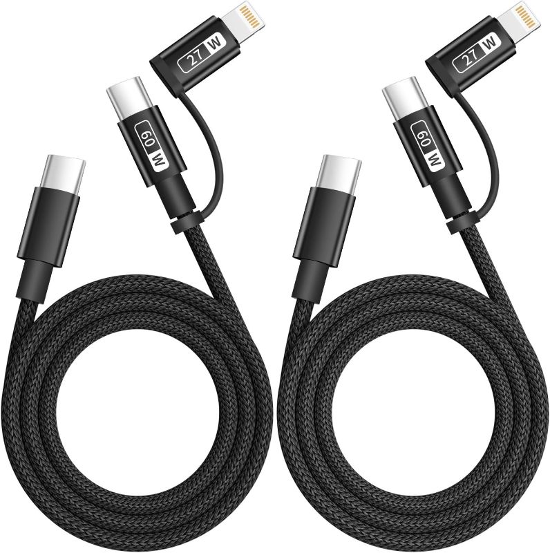 Photo 1 of USB C Cable 60W Max, 2 in 1 USB C to C/Lightning Cable, Fast Charging Type-C Multi iPhone Charger Cord Compatible for iPhone 16/15/14/13, Android, MacBook, iPad, Carplay and More (2Pack 4FT Black)