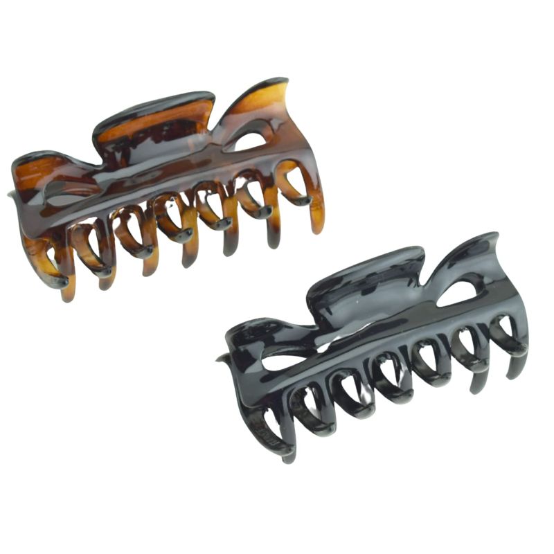 Photo 1 of Parcelona French Classic Small 2.5" Celluloid Set of 2 Jaw Hair Claw Clips for Women and Girls (Tortoise Shell and Black)