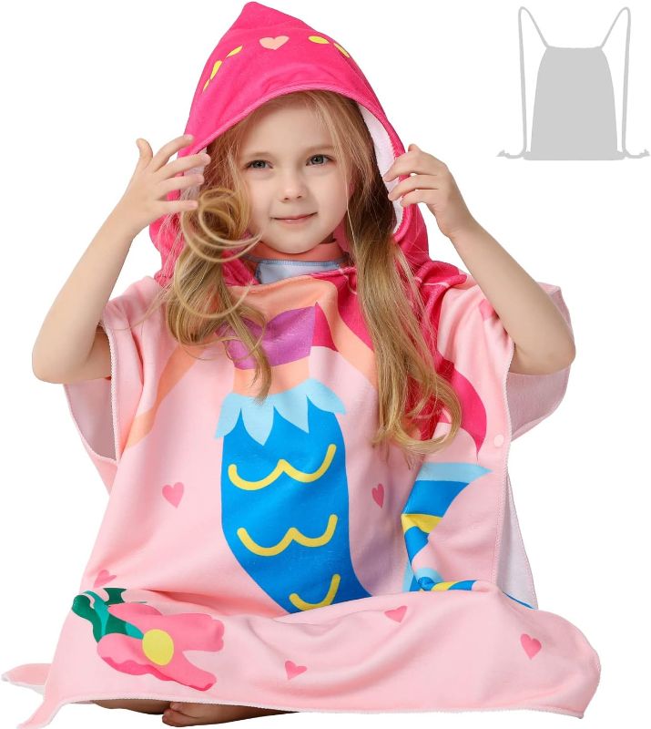 Photo 1 of Kids Pink Mermaid Hooded Beach Towel Poncho for Kid Girls Toddlers Bath Pool Swim Poncho Cover-ups Swimwear Soft Lightweight Microfiber