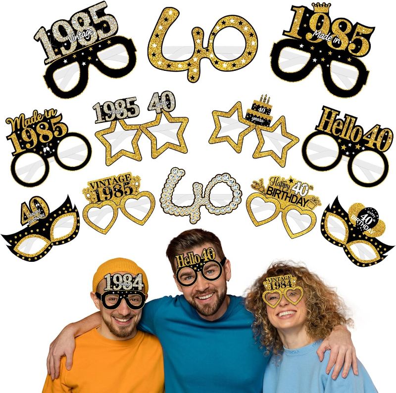 Photo 1 of 24Pcs 1985 40th Birthday Paper Glasses Decorations for Men Women - Black Gold Happy 40th Birthday Paper Eyeglasses Photo Props, Vintage 1985 Forty Years Old Birthday Party Supplies