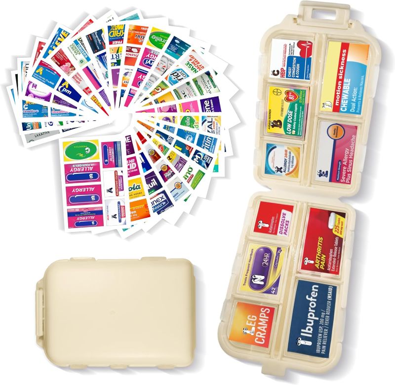 Photo 1 of Pill Organizer with Medicine Labels 161 Labels Travel Daily Pill Container Mini Medication Organizer Storage Pill Organizer Travel Essentials Pill Case 7 Day (Beige, 1 Pack)