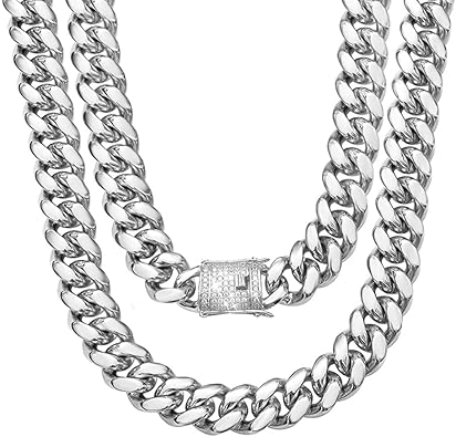 Photo 1 of Cuban Link Chain Necklace or Bracelet with Bling Bling Cubic Zirconia Iced-Out Clasp for Men 12mm Silver Stainless Steel Hip Hop Miami Curb Chains 7.5-30 inch