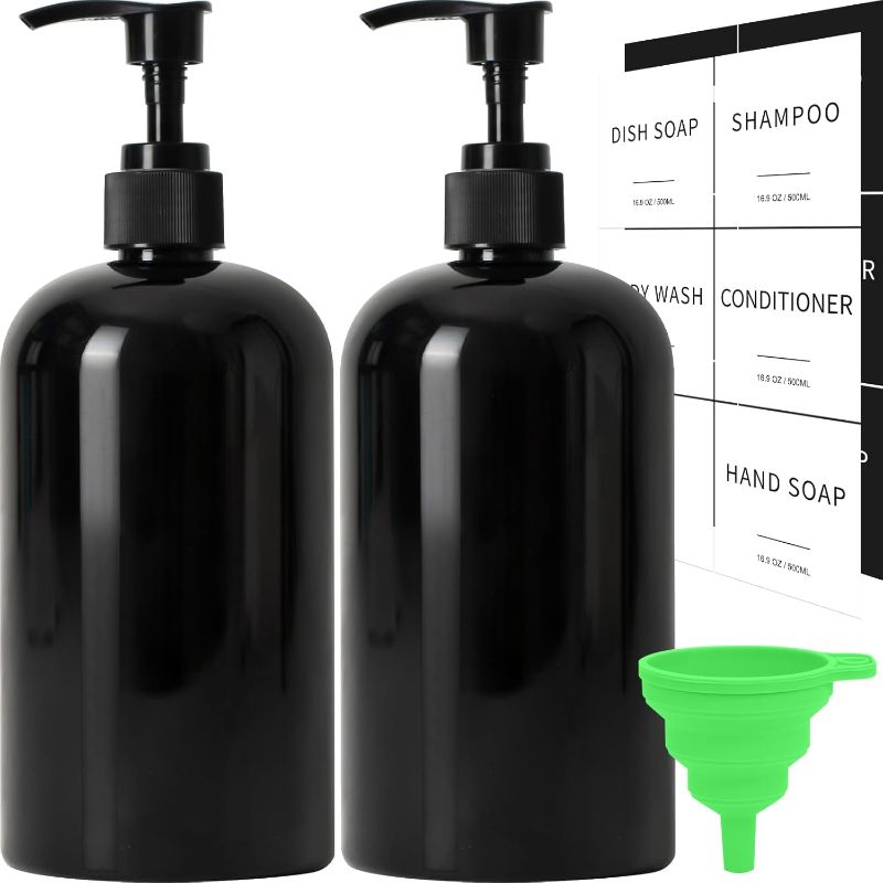 Photo 1 of Soap Dispenser with Waterproof Labels, Thickened Plastic Hand Soap Dispenser for Bathroom, Kitchen Dish Washing Liquid Bottles, Shampoo and Conditioner Bottles (16.9 oz, Set of 2, Black)