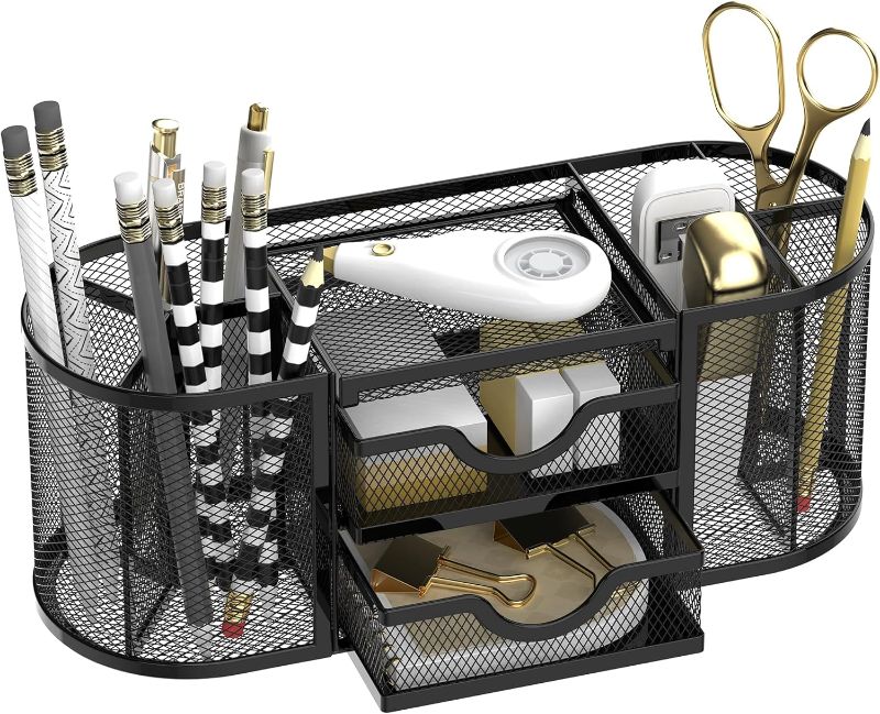 Photo 1 of SUPEASY Mesh Desk Organizer, Desk Organizers and Accessories, Pen Holder with Drawers, Pencil Holder for Desk with 2 Drawer for Office Supplies, Black