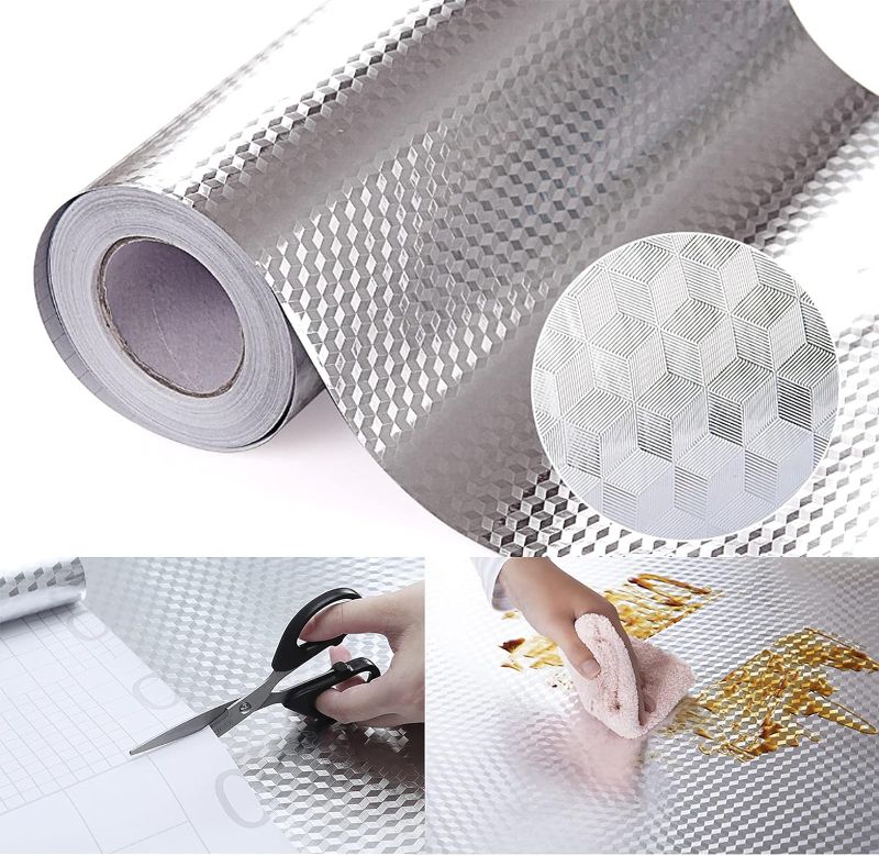 Photo 1 of Snkxu Kitchen Wallpaper Oil Proof Sticker Backsplash Aluminum foil Oil self-Adhesive Paper Silver Cabinet Liner Waterproof and Heat Resistant Peel and Stick backsplash, 15.7X394 Inches