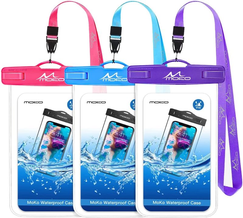 Photo 1 of MoKo Waterproof Phone Pouch 3Pack, Underwater Phone Case Dry Bag with Lanyard Compatible with iPhone 16 14 13 12 11 Pro Max X/Xr/Xs Max/SE 3, Galaxy S21/S10/S9, Note 10/9/8