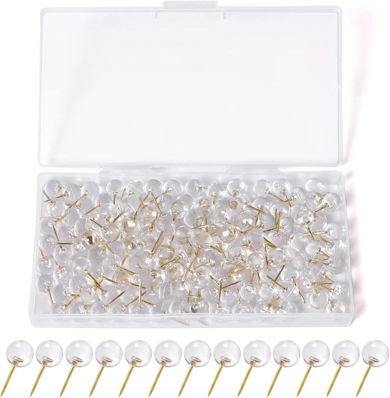 Photo 1 of 150 Pcs Push Pins, Standard & Transparent Plastic Head Steel Point Thumb Tacks for Wall, Office & Craft Organization (Gold)