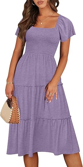 Photo 1 of Size L ANRABESS Women Summer Casual Square Neck Flutter Sleeve Boho Smocked A-Line Flowy Tiered Modest Midi Sun Dress with Pockets