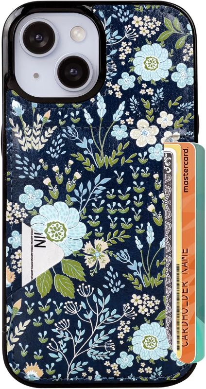 Photo 1 of UCOLOR for iPhone 13 14 15 Case with Card Holder- Slim Leather Wallet Case Credit Card Holder Drop Protective Hidden Card Slot for Woman Girls(Blue Daisy, iPhone 15/14/13)