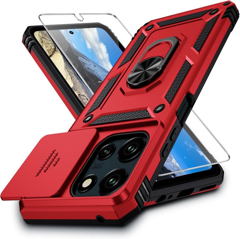 Photo 1 of Moto G Power 2025 Case with Camera Lens Cover, HD Screen Protector, 10 FT Military Grade Drop Protection, Magnetic Ring Holder Kickstand Phone Case for Motorola Moto G Power 2025, Red