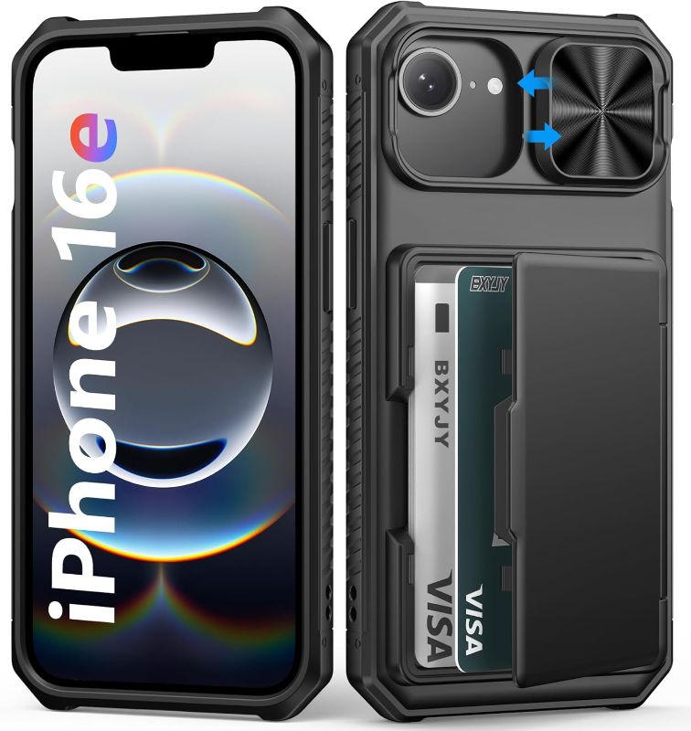 Photo 1 of for iPhone 16e Case Wallet, Built-in Card Holder (4-5 Cards), RFID Block, Slide Camera Cover, Military Drop Protection, Rugged Heavy Duty Men Women Protective Phone Case for iPhone 16e, Black
