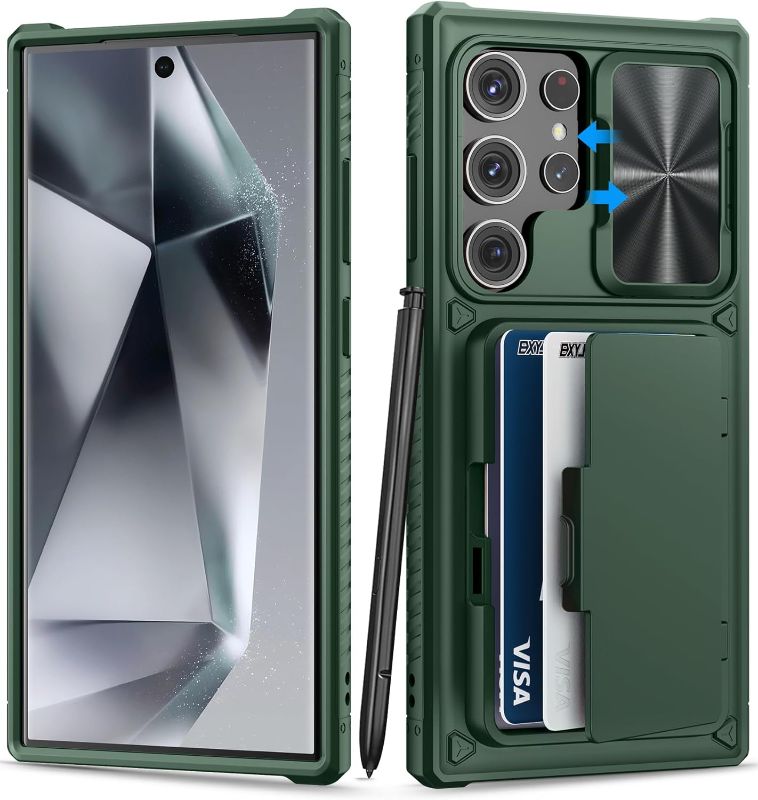 Photo 1 of Samsung Galaxy S24 Ultra Case with Card Holder (Store 4-5 Cards) & Kickstand & Slide Lens Cover, Military Grade Drop Protection, Rugged Silicone Wallet Case for Samsung S24 Ultra 2024, Green