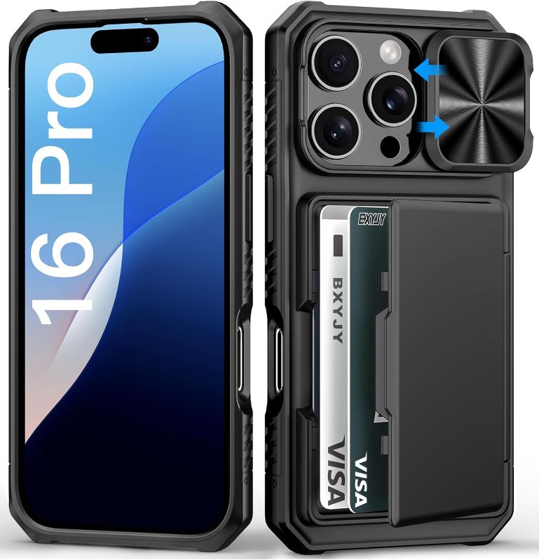 Photo 1 of Case Wallet for iPhone 16 Pro Protective Phone Case Black | Built-in Card Holder, 4-5 Cards, Slide Camera Cover, Military Grade Drop Protection, Rugged Heavy Duty, Men Women