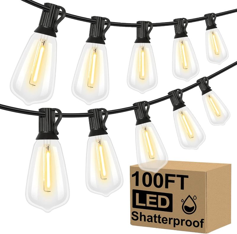 Photo 1 of Brightever LED Outdoor String Lights 100FT Patio Lights with 52 Shatterproof ST38 Vintage Edison Bulbs, Outside Hanging Light Waterproof for Porch, Deck, Garden, Backyard, Balcony, Dimmable 2700K