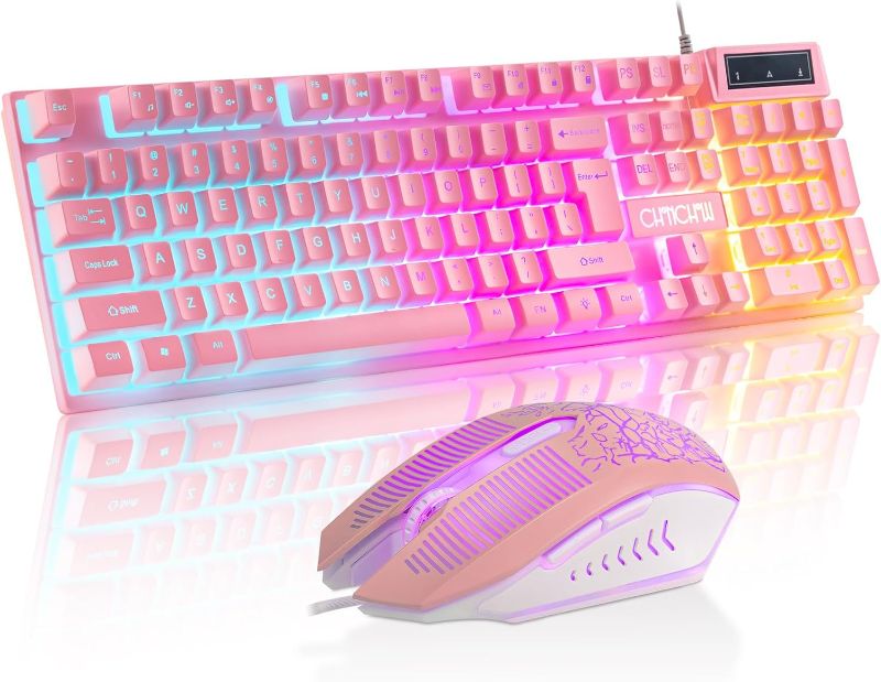 Photo 1 of CHONCHOW Pink Gaming Keyboard and Mouse Combo with led, 104 Keys Wired Light Up Keyboard and Colorful Mouse for PC Laptop Computer PS4 Xbox, 19 Keys Anti-Ghosting, Multimedia Keys, Number Pad