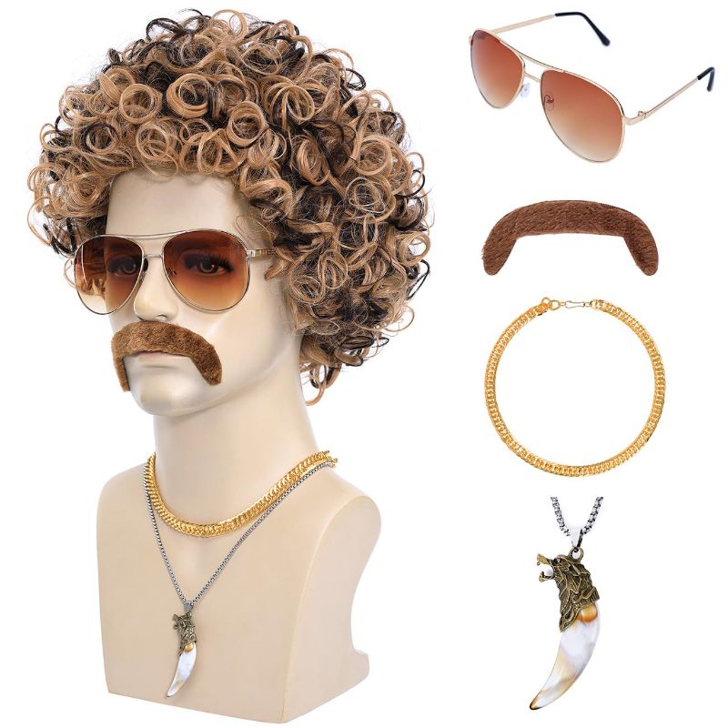 Photo 1 of 6pcs Set 70s 80s Disco wig with Mustache Glasses Artificial Wolf Necklace Golden Chain Short Curly Hair Afro Mens Wig for 60s Hippies Costume Cosplay Halloween Party (Blonde Mixed Brown)