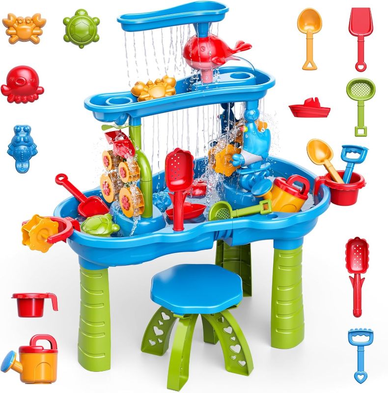 Photo 1 of 3-Tier Water Table for Kids Ages 3-5 4-8, Toddlers Outdoor Summer Water Table Beach Toys, Kids Activity Sensory Table Toddler Sand Box Play Table with Rain Showers Splash Pond for Boys Girls