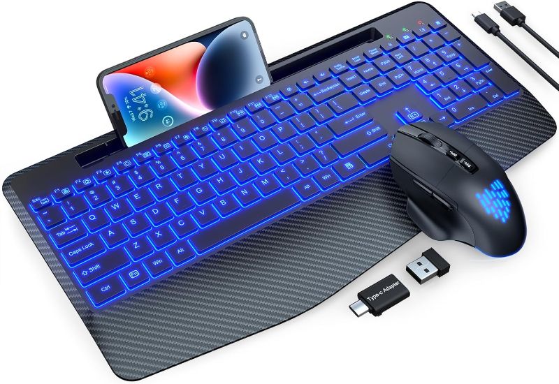 Photo 1 of Wireless Keyboard and Mouse Backlits, Wrist Rest, LED Mouse, Rechargeable Ergonomic Keyboard with Phone Holder, Silent Light Up Combo for Computer, Mac, PC, Laptop, Chromebook (Black)