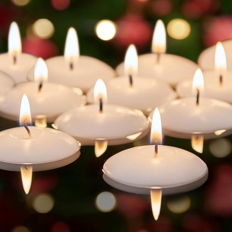 Photo 1 of White Floating Candles 2 inch, 24 Pack Floating Candles 5-6 Hours Long Burning, Unscented Floating Candle for Centerpieces, Wedding, Proposal Decorations, Romantic Night for Her/Him Set