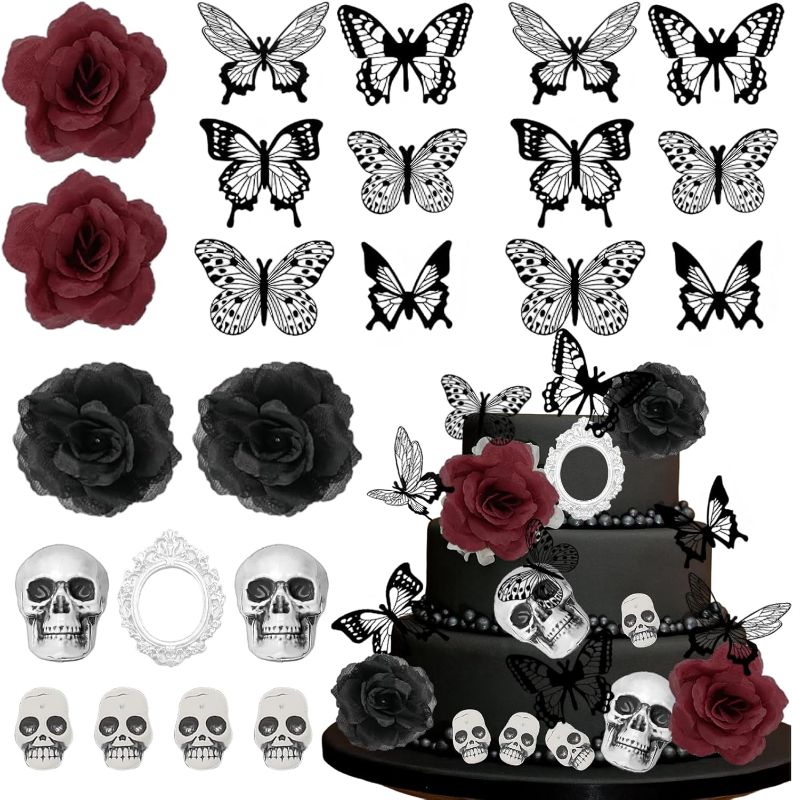 Photo 1 of 21pcs Halloween Gothic Cake Decorations, Dark Rose Skull Butterflies Oval Photo Frame Gothic Cake Accessories Terror Party Supplies Favors