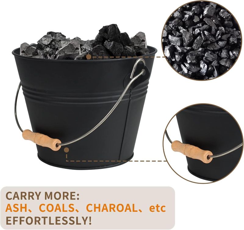 Photo 1 of GREY Poofzy Ash Bucket with Lid, 1.3 Gallon Ash Bucket for Fireplace, Metal Fireplace Bucket for Ashes Includes Shovel, Hand Broom and Gloves for Wood Burning Stove, Fire Pit and Grill
