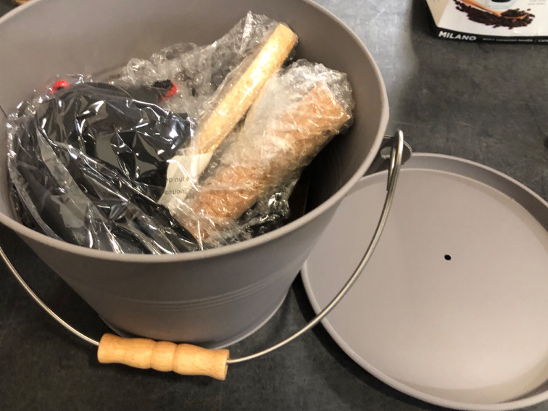 Photo 1 of GREY Poofzy Ash Bucket with Lid, 1.3 Gallon Ash Bucket for Fireplace, Metal Fireplace Bucket for Ashes Includes Shovel, Hand Broom and Gloves for Wood Burning Stove, Fire Pit and Grill