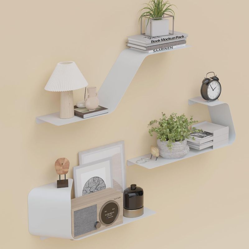 Photo 1 of Floating Shelves, Wall Shelf, Set of 3 Wall Mounted Metal Shelves with Unique Design for Wall Storage, Book Shelf, Display Shelves for Bathroom Bedroom Kitchen Living Room for Home White