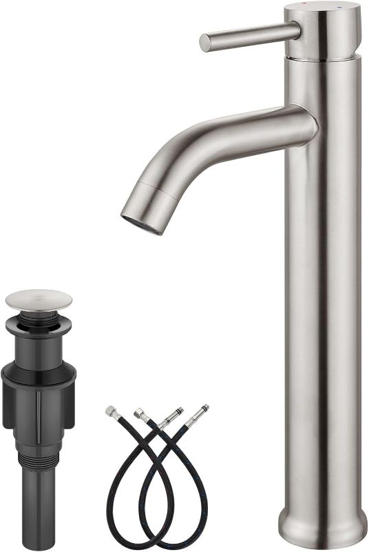 Photo 1 of Aolemi Vessel Sink Faucet Tall Bathroom Faucet Single Handle One Hole Bathroom Sink Faucet Stainless Steel Round Body with Pop up Drain Basin Bowl Vanity Lavatory Mixer Tap Brushed Nickel