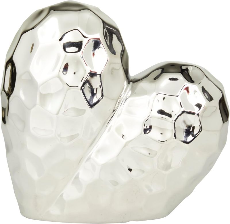 Photo 1 of Deco 79 Porcelain Ceramic Heart Decorative Sculpture Dimensional Angled Origami Inspired Home Decor Statue, Accent Figurine 8" x 3" x 8", Silver