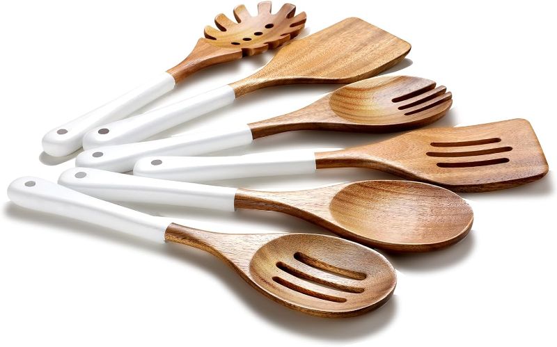 Photo 1 of Wooden Spoons For Cooking, 6 Pieces Natural Acacia Wooden Cooking Utensils or Non-Stick Wood Kitchen Utensil Set for Kitchen Essentials, Wooden Cooking Utensils Set with Hanging Hole, White