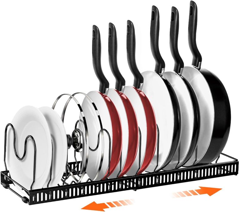 Photo 1 of AHNR Expandable Pot and Pan Organizers Rack, 10+ Pans and Pots Lid Organizer Rack Holder, Kitchen Cabinet Pantry Bakeware Organizer Rack Holder with 10 Adjustable Compartments (Black)