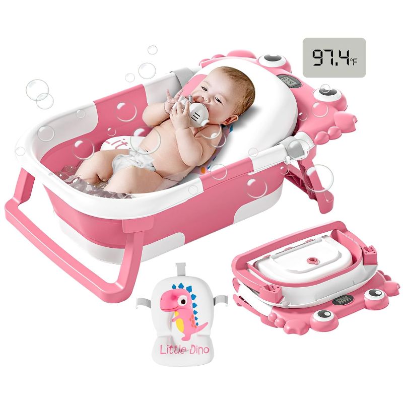 Photo 1 of Collapsible Baby Bathtub for Newborns to Toddler with Real-time Temp Monitor & Floating Cushion,Portable Travel Tub for 0-36 Month, Foldable Baby Bath Tub for Infants Girl (Pink)