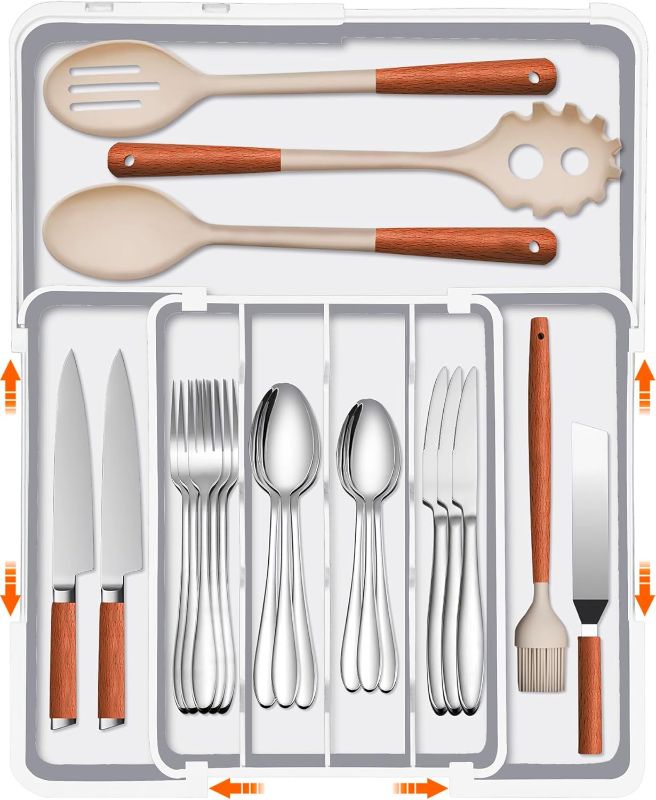 Photo 1 of Adjustable Kitchen Utensil Organizer Plastic Silverware Drawer Organizer, Expandable Cutlery Drawer Organizer BPA Free Flatware Tray for Spoons Forks Knives Organizers Divider, White