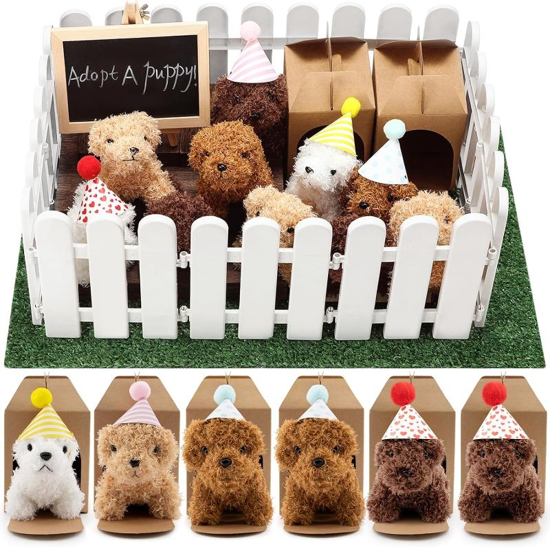 Photo 1 of 56Pcs Adopt A Puppy Party Favors Mini Plush Stuffed Animals Set Includes 14 Mini Dogs, Birthday Hats, White Plastic Fence with Artificial Lawn for Adopt A Pet Theme Birthday Party