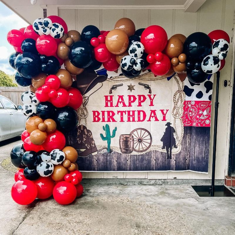 Photo 1 of First Rodeo Balloon Garland Arch Kit - First Rodeo Party Decorations Backdrop with Black Red Khaki Cow Printed Balloon for CowBoy Themed Party Baby Shower Farm Birthday Party Decorations