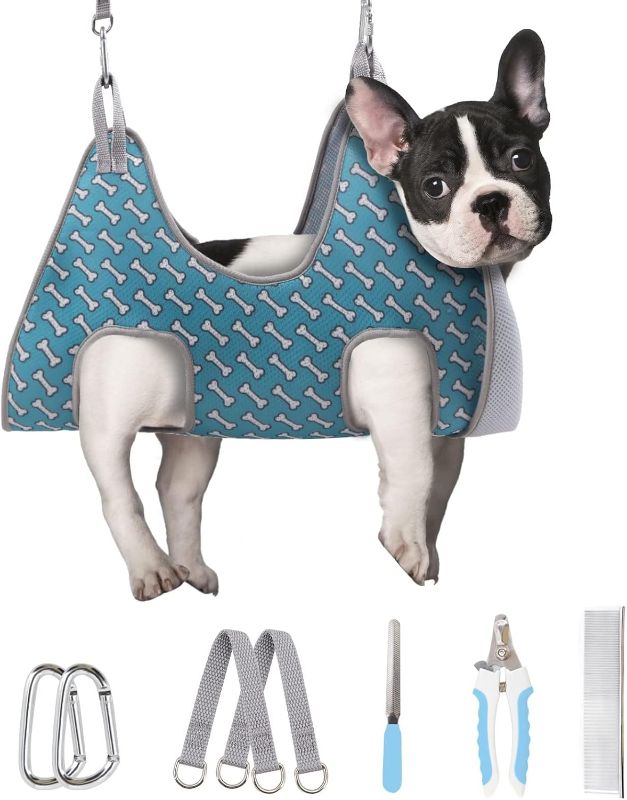 Photo 1 of Size S Supet Dog Grooming Hammock for Small Dogs Cat, Relaxation Pet Grooming Hammock Restraint for Nail Trimming (Coral Blue, S? Legs Spacing?7-10.2" / Max W?15-35LBS?)